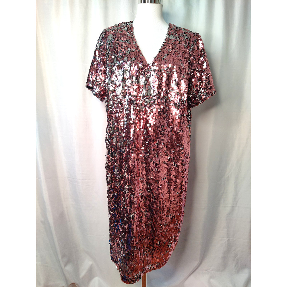 Universal Standard x J. Crew pink silver sequin flip v-neck t-shirt dress
